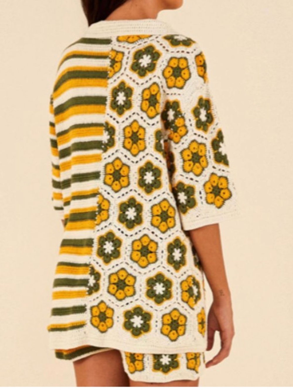 FARM Rio Cream, Mustard & Olive Crochet Button-Up Sweater - Picture 2 of 16